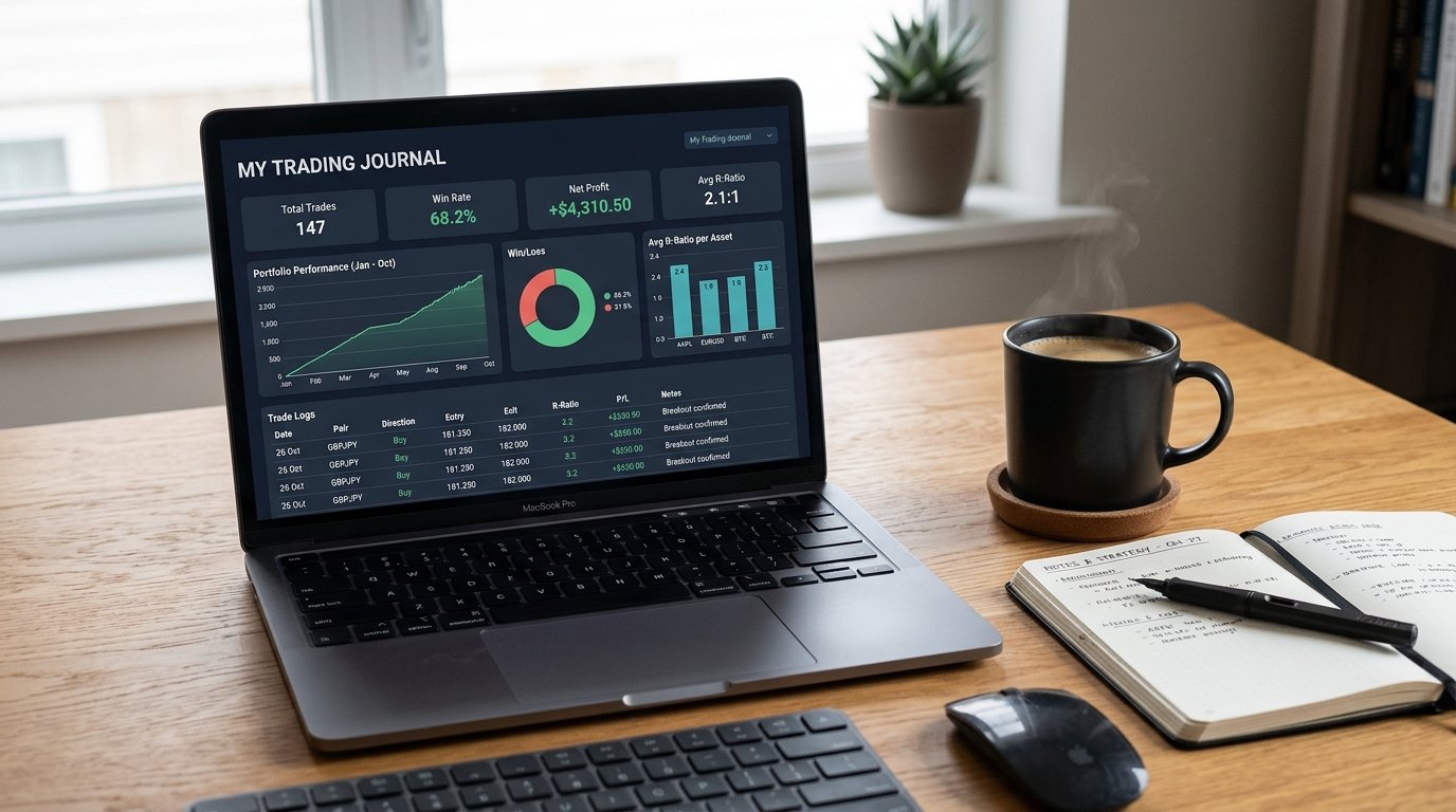 Digital Trading Journal Dashboard with Win Rate and R-Ratio Metrics